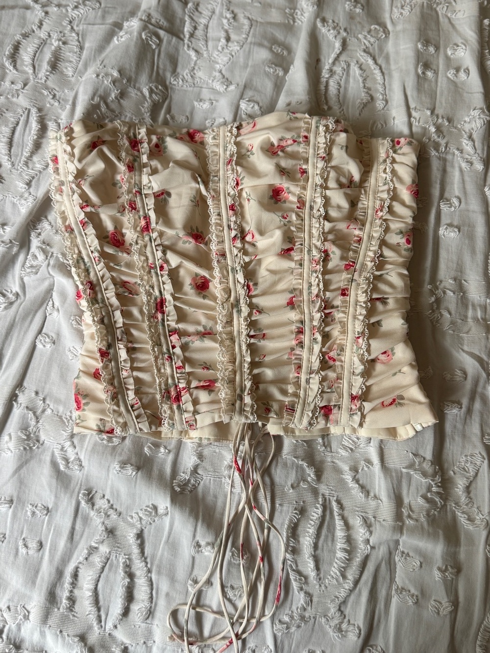 Oh Polly Size 2 Cream Floral Ruffled Corset Top with Pink Roses